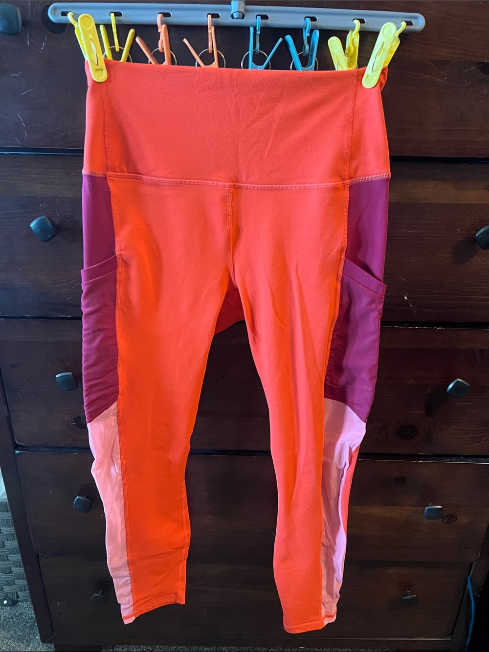 Fabletics Colorblock Leggings in Orange, Plum & Pink